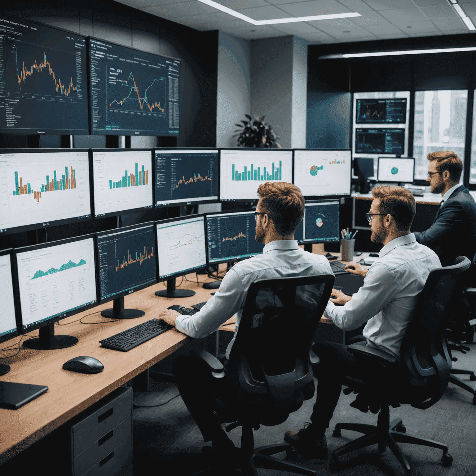 Tým vývojářů Creditas pracující na vývoji CreditasPay. Vidíme různorodý tým profesionálů v moderní kanceláři, obklopený monitory s kódem a grafy.