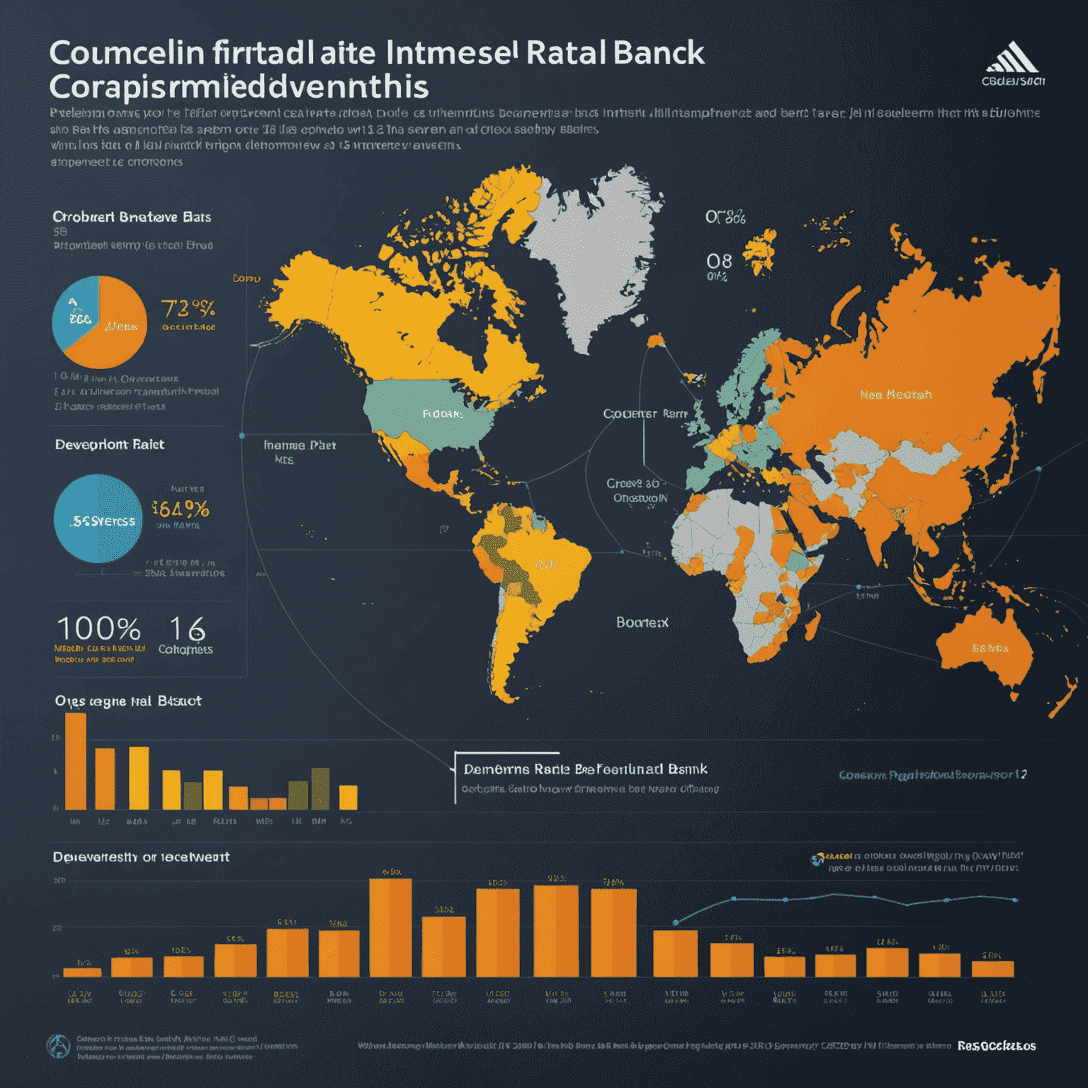 Infografika zobrazující srovnání úrokových sazeb hlavních světových centrálních bank a jejich předpokládaný vývoj v příštích 12 měsících.